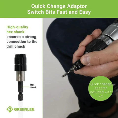 One Step Drill Tap Kit For Metal With Quick Change Adapter That Drills Taps Deburrs And Countersinks In One Pass From 6-32 To 1/4-20 For Steel Aluminum And More By Greenlee in use, focused on quick change adapter and drill.