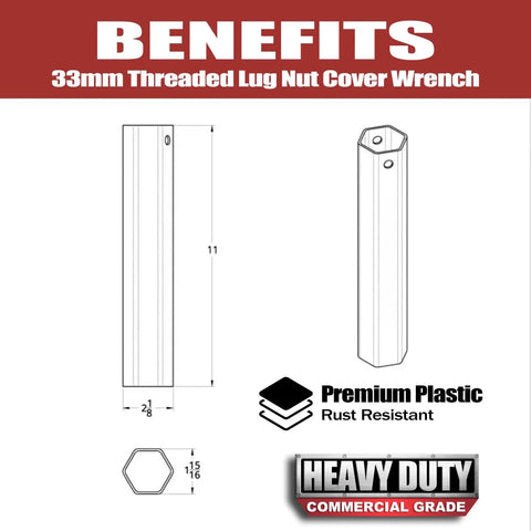 Diagram of 33 mm Lug Nut Cover Remover Tool Socket for Semi Truck with 11 Inch Leverage, with measurements and material details.