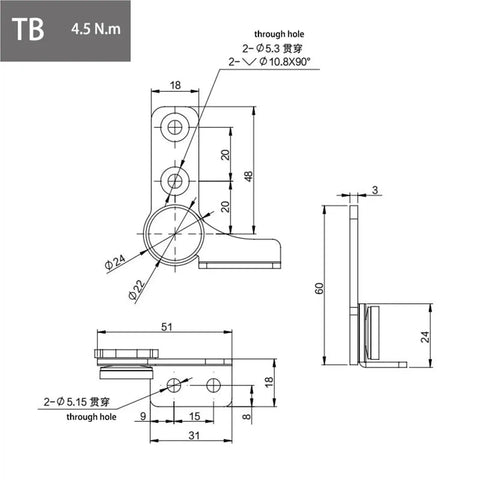 Front view schematic of 304 stainless steel damping hinge TA-Left, 2.0 N.m torque, non-adjustable.