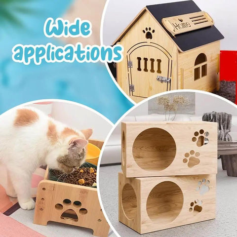 Wooden pet house, feeding station with paw cutouts, cat near wooden feeder, pet furniture with circle openings and paw designs.