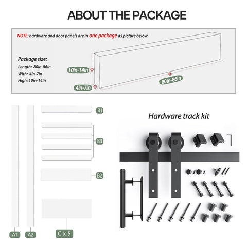 36x84 Inch White Barn Door With Six Point Six Foot Sliding Hardware Kit Included And Handle Five Panel package contents