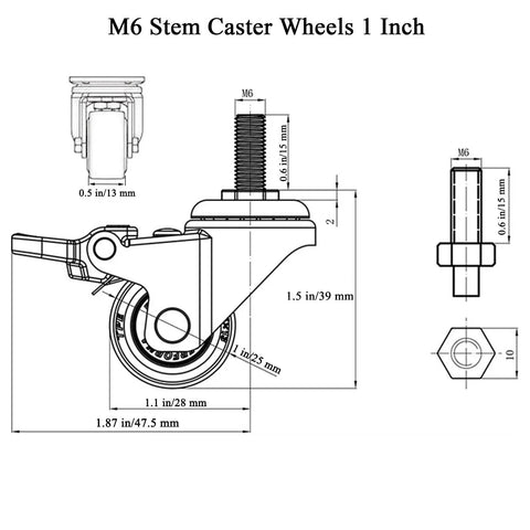 Diagram of 1 Inch M6 Threaded Stem Casters Set Of 4 Heavy Duty Swivel Wheels With Brakes For Furniture And Small Carts TPE Rubber