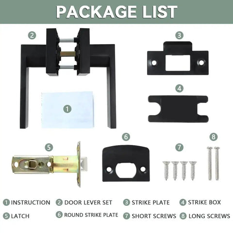 Package contents of Passage Door Levers Set In Black including reversible lever, strike plates, latch, and screws for non-locking use.