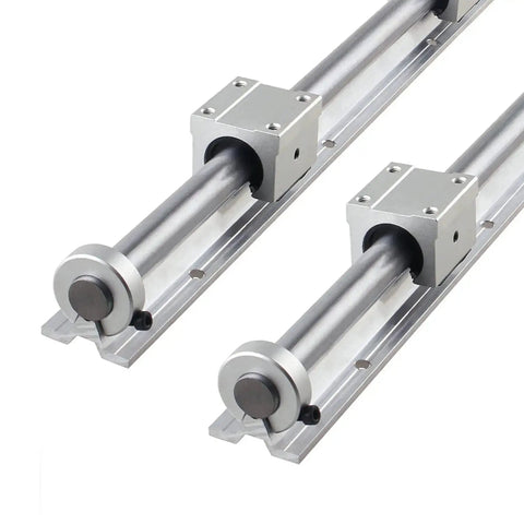 Two chrome-plated steel rails from Beefed Up Linear Rail Kit 1500mm SBR16 Fully Supported With 4 SBR16UU Blocks And 4 Fixing Rings.
