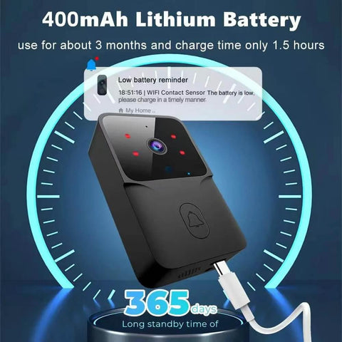 Wireless Doorbell With Camera 150M Range Indoor Receiver Smart Doorbell Cam With Two Way Talk Real Time Alerts Night Vision Works With 2.4G WiFi Ideal For Home Office Or Hotel Black showing charging capability with 400mAh battery.