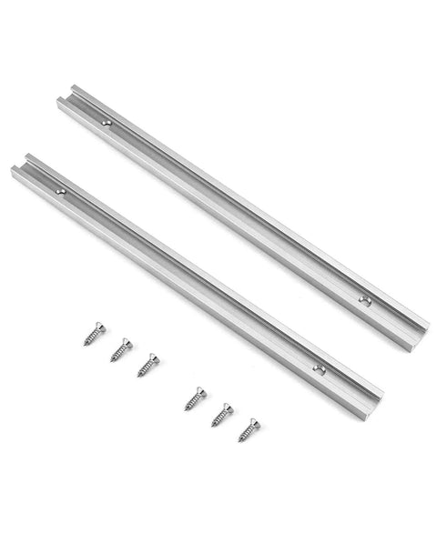 Two 12 inch aluminum T-tracks with predrilled holes and screws shown from above. 12 Inch Aluminum T Track Two Pack With Predrilled Holes And Screws For DIY Woodworking, Universal Double Cut Profile, Fits Five Sixteenths And One Quarter Inch T Bolts, Great For Drill Press Tables And Router Tables.