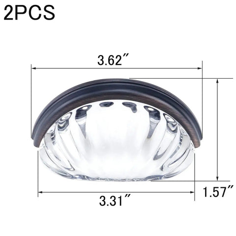 Three Inch Hole Centers Clear Glass Cabinet Cup Pulls With Scalloped Crystal Glass And Oil Rubbed Bronze Base, dimensions shown, pack of 2