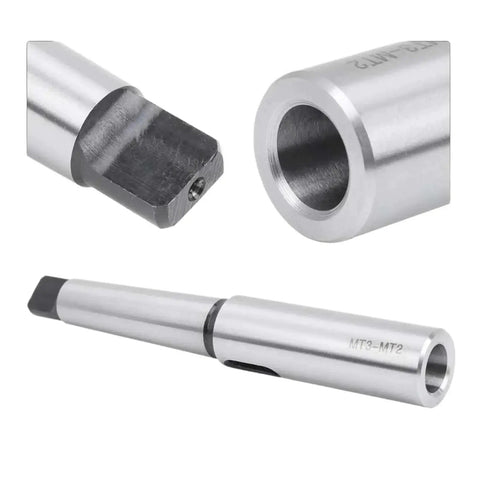 Three-piece silver lathe taper-sleeve adapter set: hex-end adapter, threaded sleeve, MT3-MT2 shaft