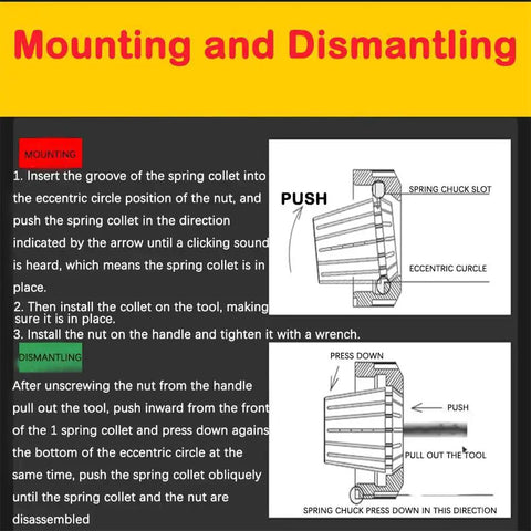 Illustration of ER16 spring collet chuck mounting and dismantling instructions with diagrams and directional arrows.
