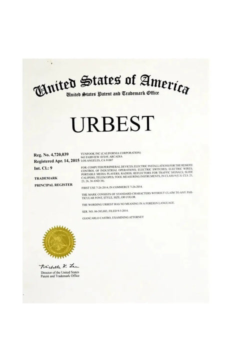 Trademark registration certificate from United States Patent and Trademark Office for "URBEST" with official seal.