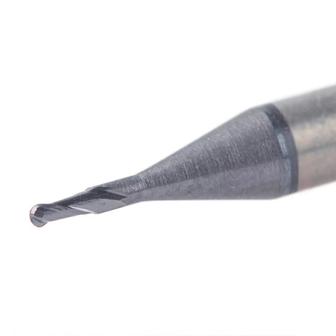 Close-up of 1/32 inch tip of Carbide Ball Nose End Mills Set 5Pcs TiAlN Coated Up Cut Spiral Router Bits for CNC Milling