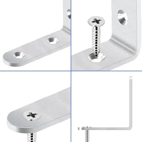 Close-up of Heavy Duty 20 Pack 2.5 By 2.5 Inch Stainless Steel Corner Braces L Shaped Brackets With Wood Screws for tables and shelves.