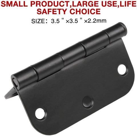 30 Pack Matte Black Interior Door Hinges 3.5 Inch by 3.5 Inch Round Radius Five Eighth Inch Hinge Heavy Duty Removable Pin for Doors Bedroom Office Farm Shed Gate Greenhouse Vent Window Includes 180 Screws in close-up view.