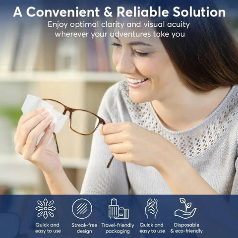 Woman using Lens Cleaning Wipes Pre Moistened And Individually Wrapped Safe For Eyeglasses on glasses