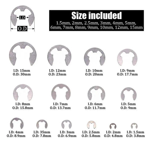 380 Piece E Clip Circlip External Retaining Ring Set In 14 Sizes 304 Stainless Steel Pro Grade Rust Resistant External Retaining Ring Kit For Machinery Automotive DIY Projects showing different sizes and dimensions of each clip.