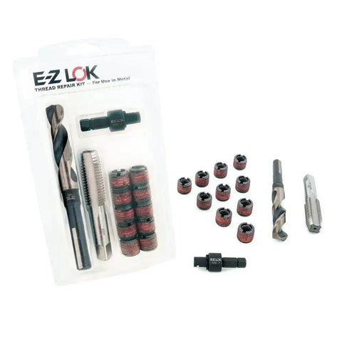 Thread Repair Kit For Metal Carbon Steel Inserts 3/8-16 With Installation Tools shown with drill, taps, and inserts