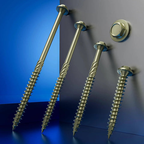 One Pound Pack Of 12 Gauge Exterior Lag Screws, 2 Inch Length, Hex Washer Head, 5.5x50mm, Yellow Coated Exterior Wood Screws, Rust Resistant