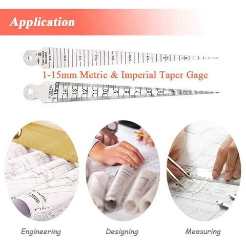 Stainless Steel Welding Taper Gauge Pro Grade, One To Fifteen Millimeter Range With Inch And Metric Scales, shown with usage examples
