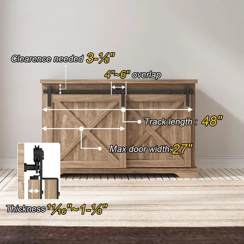 4 Ft Mini Cabinet Bypass Barn Door Hardware Kit With Single Track for double doors shown installed on wooden cabinet.