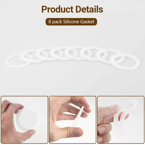 Food Grade Silicone Gasket Replacement Ring For Aluminum Stovetop Coffee Makers 3 Cup And 4 Cup Pots Durable Spare Seal Fits Bialetti Moka Express Dama Venus Musa Kitty 8 Pack Better Than Rubber shown in an 8-pack with close-up views of individual rings