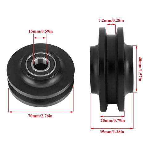 Heavy Duty Sliding Barn Door Wheel Set for Cabinets and Windows, Quiet Smooth Roller Pulleys, front and side view, dimensions shown