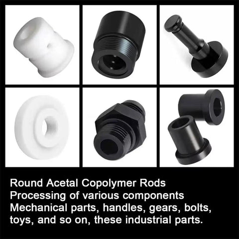 Assorted mechanical parts made from acetal copolymer rods for processing components and industrial use.