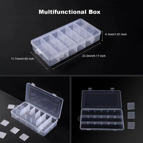 Three views of a transparent plastic multifunctional storage box with multiple compartments, dimensions labeled in inches.