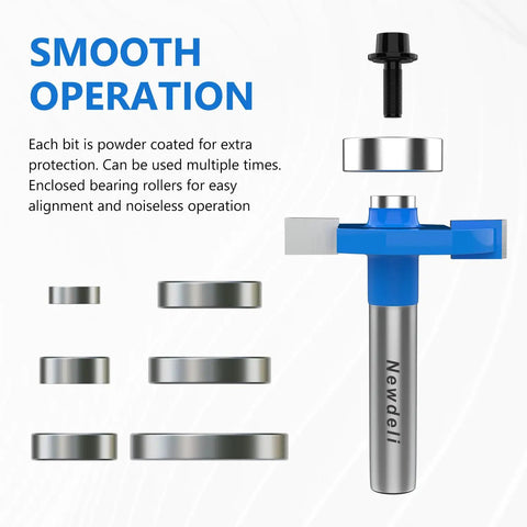 Rabbet Router Bit Set With One Quarter Inch Shank Includes Four Cutting Heights And Six Interchangeable Bearings For Depths In Easy To Use Woodworking Kit Built With YG8 Carbide Blade For Precise Rabeting And Biscuit Slot Cutting showing blue handle with bearings
