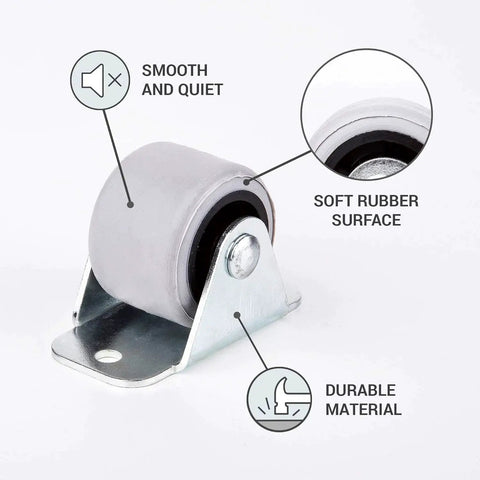 Close-up of 1.18 inch durable rubber wheel caster with mounting screw, featuring smooth, quiet rolling for furniture and equipment