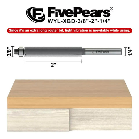 Flush Trim Router Bit With Bottom Bearing For Woodworking, One Quarter Inch Shank, Three Eighth Inch Cutting Diameter, Two Inch Cutting Length, Durable Carbide Inserts For Smoother Cuts, Anti Kickback, Heavy Duty Stability shown with measurements and wood surface.