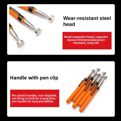 Telescoping Magnetic Pickup Tool With 8Lb Pull And 28 Inch Extendable Rod, steel head and orange plastic handle with pen clip