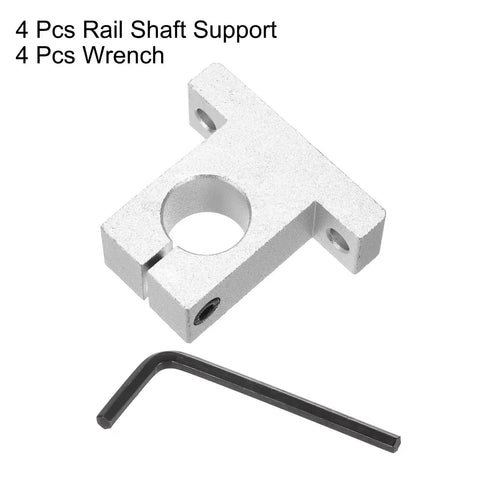 4 Piece SK20 Aluminum Linear Rod Rail Shaft Support Clamps For 20mm Shaft With 6mm Mount Holes Heavy Duty CNC Machine 3D Printer Mounting Brackets In Silver Tone, shown with wrench