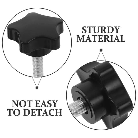 Close-up of star handle pressure plate adjustment screws with washers and nuts, M8 threaded clamping knobs, sturdy material