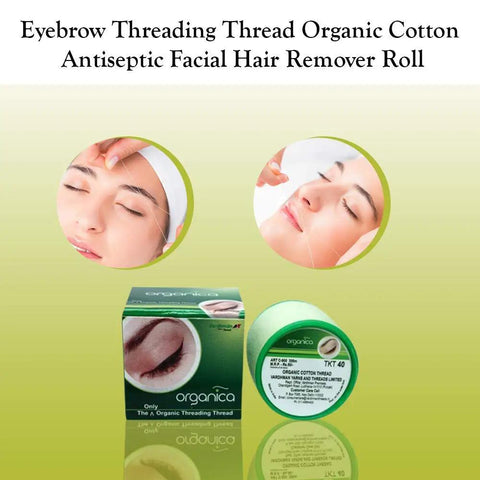 Image of Organic Cotton Eyebrow Threading Thread 2 Spool Pack 300 M Each Green For Hair Removal On Upper Lip Chin Forehead Eyebrows Dermaplaning Tool By Organica, showing product packaging and usage.