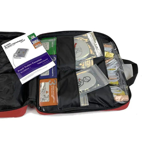Open nylon case displaying Four Pack AED Defibrillator Training Kit For Hands On Practice Use Only With Reusable Adult And Child Pads Connectors