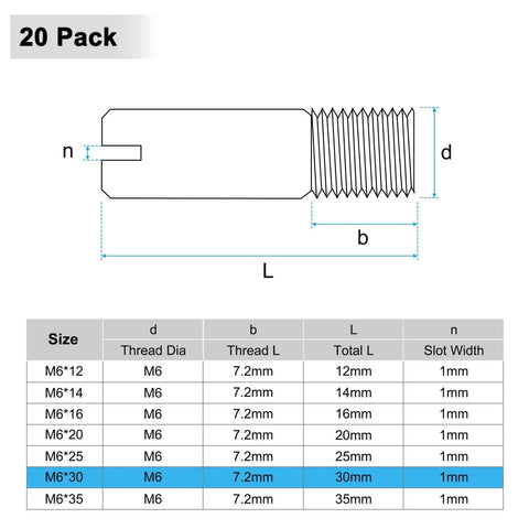 Diagram of 20 Pack M6 X 30mm Slotted Cylindrical Pin Dowel In 304 Stainless Steel with size specifications chart.