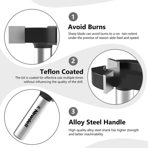 Image of CNC Spoilboard Surfacing Router Bit Pro With One Quarter Inch Shank And One Inch Cutting Diameter Three Wing Slab Flattening Tool For Wood Dado And Planing, highlighting alloy steel handle, Teflon coating, and burn-prevention sharp blade.