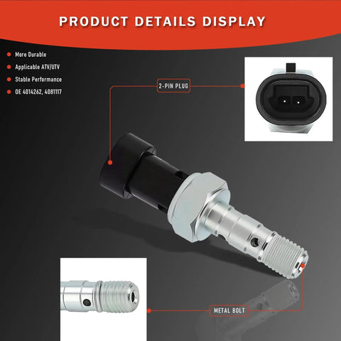 Side view of brake pressure switch with 2-pin plug and metal threaded bolt