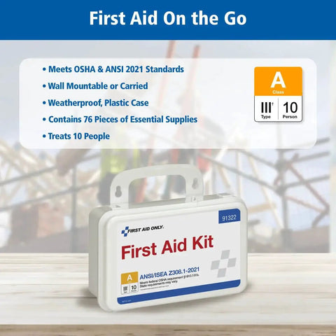 ANSI A 2021 And OSHA Compliant 10 Person First Aid Kit For Business, Home, Car And Worksites with 76 Pieces in a plastic case.