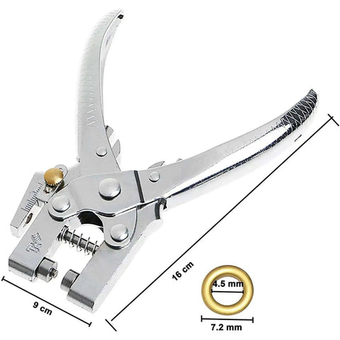 Heavy Duty Pro Grade Eyelet Pliers Kit With 3/16 Inch Grommets, silver punch tool with gold grommet, 16 cm length, 9 cm width