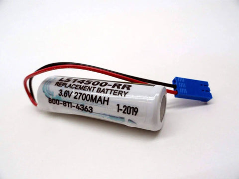 Pack of 2 3.6V 2700mAh LS14500-RR Lithium PLC Memory Batteries, close-up view of one battery with wire leads.