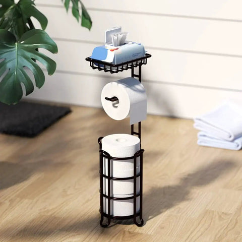 Free Standing Toilet Paper Holder Stand Dispenser With Top Shelf For Bathroom Storage in bronze finish holding rolls
