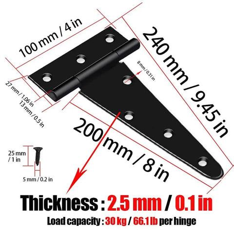 Heavy Duty T Strap Hinges Set Of Four Pcs 9.45 Inch Length Rustproof Galvanized Iron Tee Hinges dimensions and specifications diagram
