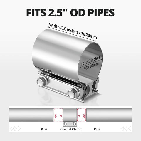 Exhaust clamp for 2.5 in OD pipes; stainless steel butt joint band sleeve, 1pc