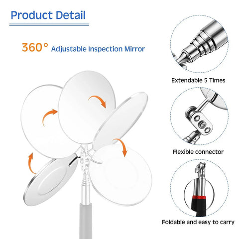 Cool 2 Piece Lighted Telescoping Inspection Mirror Set With Flexible Retractable LED Round Dental Mirror for automotive repair