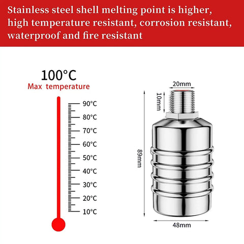 Auto Water Level Control Float Valve In 304 Stainless Steel with temperature scale and dimensions