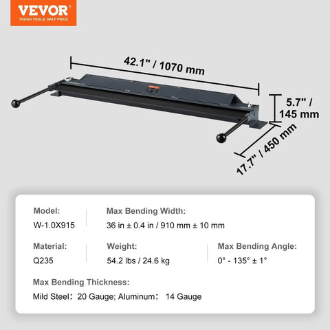 Box And Pan Brake 36 Inch Portable Sheet Metal Bender For 0 To 130 Degree Bends, Supports 20 Gauge Low Carbon Steel And 14 Gauge Aluminum, with size and material details shown.