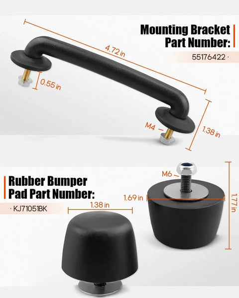 Front Windshield Hold Down Bracket For Jeep Wrangler JK TJ 1997-2018 Replacement showing bracket and rubber bump stop dimensions.