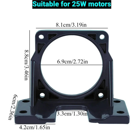 DC Motor Mounting Bracket for Mini Stepper Motors High Hardness Black Auxiliary Motor Bracket Support Fixed Base 25W Durable Metal Frame Built Tough for Stable Mounting and Easy DIY Projects with measurement details.