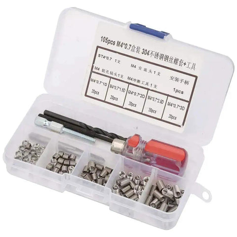 105 Piece Stainless Steel Threaded Inserts Repair Kit Helicoil Style Wire Inserts Installation Set DIY Friendly For Aluminum And Other Metals M4 X 0.7 Thread Size Includes Easy Install Tools, shown open with tools and inserts visible.